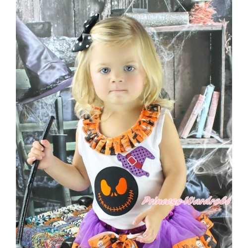Halloween White Tank Top Witch Pumpkin Ghost Lacing & Sparkle Hat Nightmare Before Christmas Jack Print TB1316